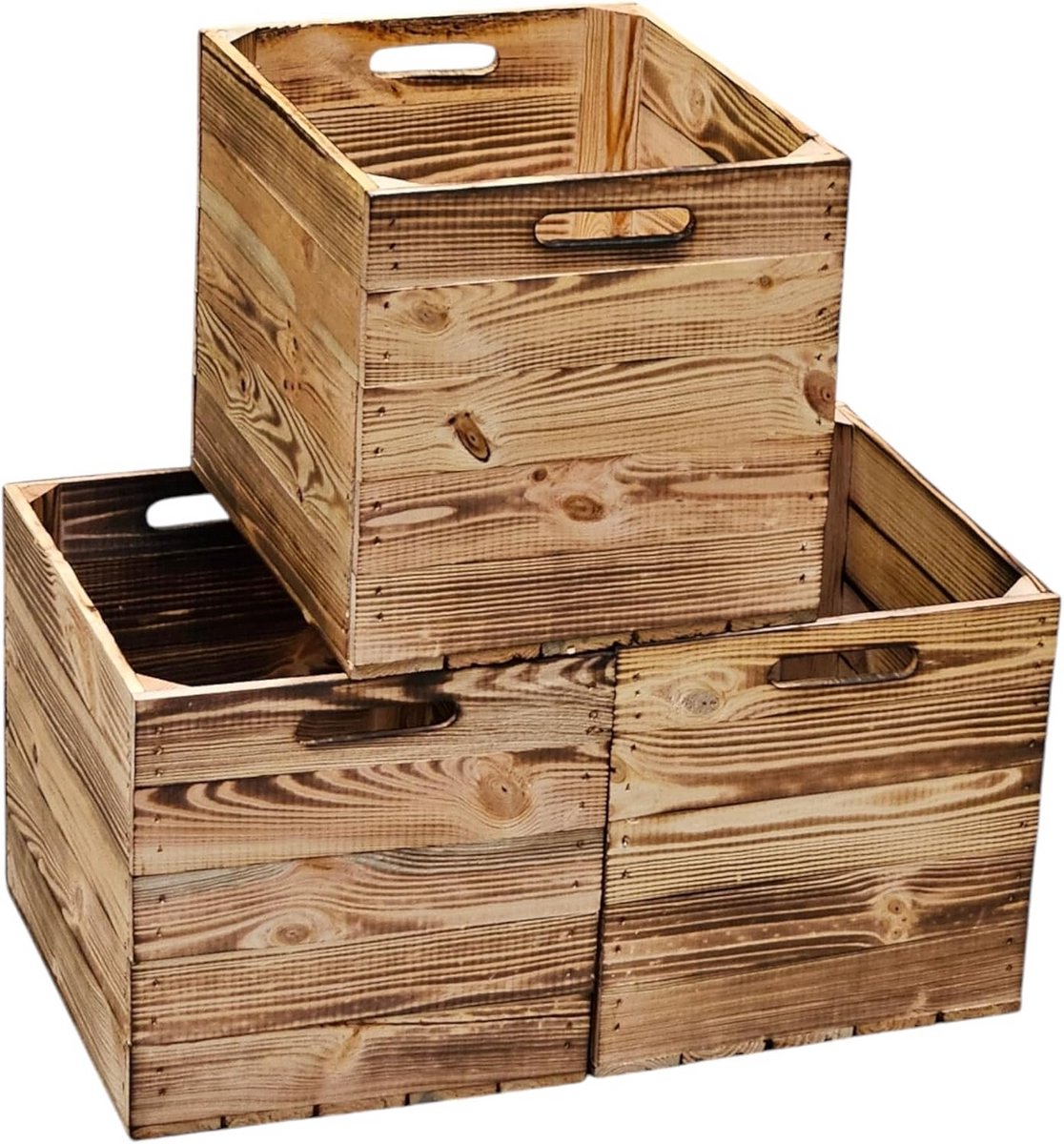 Set van 3 Houten Kisten (Gevlamd, Wit) - Opslag, Decoratie, Kallax Maat