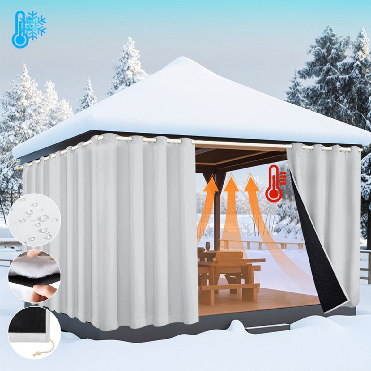 MUPOO Waterdicht Winddicht Deurgordijn - Thermisch Isolerend 405gsm - Verduisterend - Warmte & Koudwerend - Oogjes & Stangzak - Gewatteerd - voor Lakeside Cottages, Balkon, Thuis, Pergola(Grijsachtig wit, B132xH244cm)