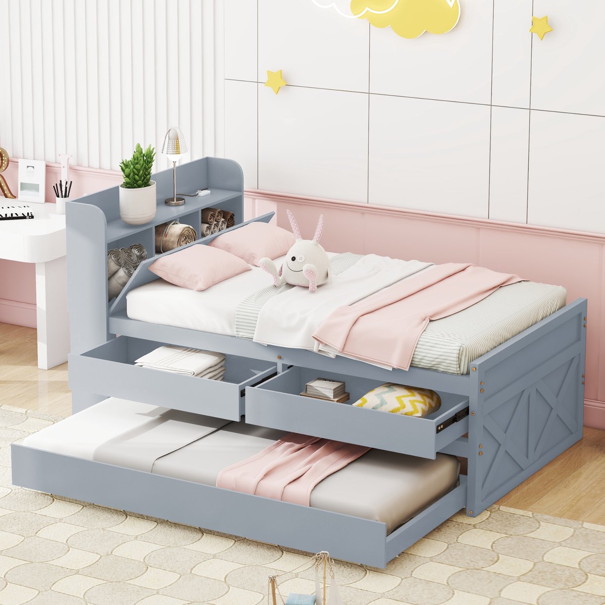 STILVORA Eenpersoonsbed 90x190 cm – Massief Hout Met Uittrekbed & 2 Laden – Nachtkastje Met USB – Lattenbodem 30 Latten – Grijs – Zonder matras