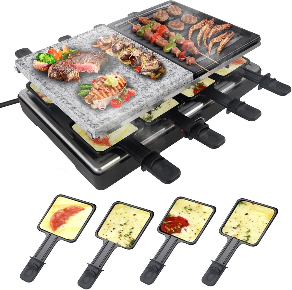 Elektrische Raclette Grill voor 8 Personen met Granieten en Anti-aanbak Plaat 1400W Tafelgrill