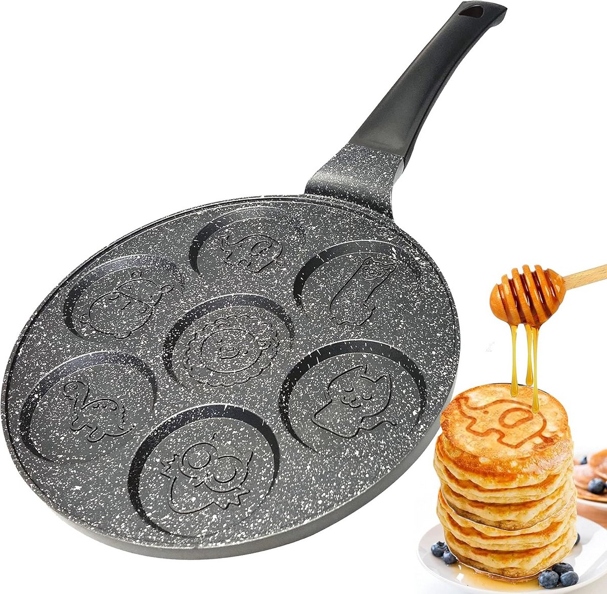 Pannenkoekenpan 26 cm met 7 gaten voor dieren en karikaturen - Antiaanbaklaag, Geschikt voor Inductie