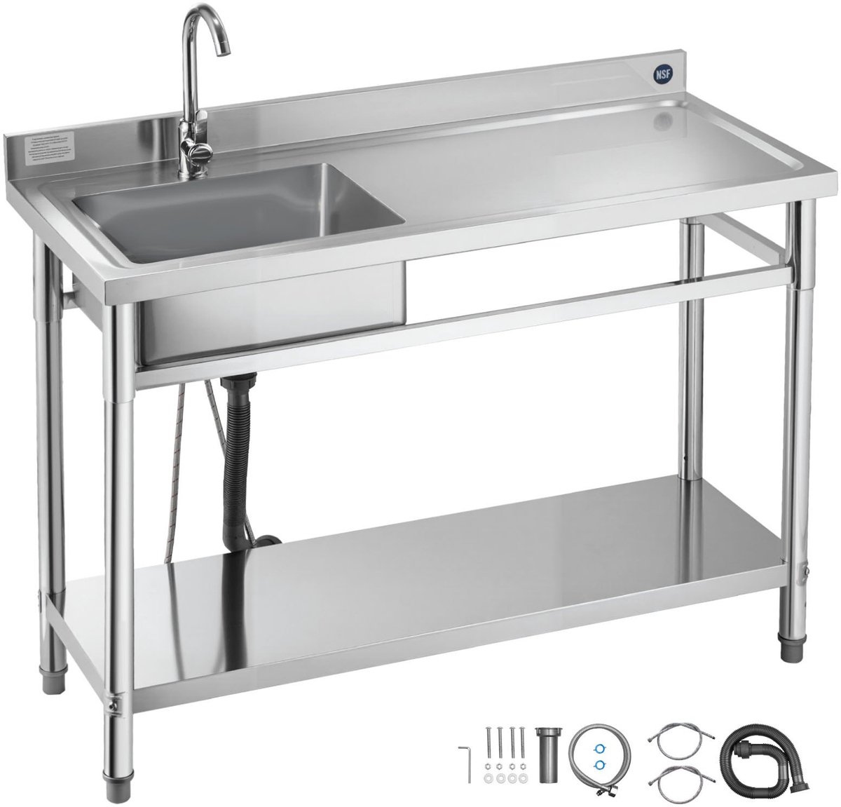 RVS Spoeltafel - Vrijstaande Enkele Spoelbak - 120 x 50 x 94 cm - Met Kraan - Met Onderplank - Afdruipgedeelte Rechts - Geschikt Voor Horeca, Garage, Wasruimte, Buiten