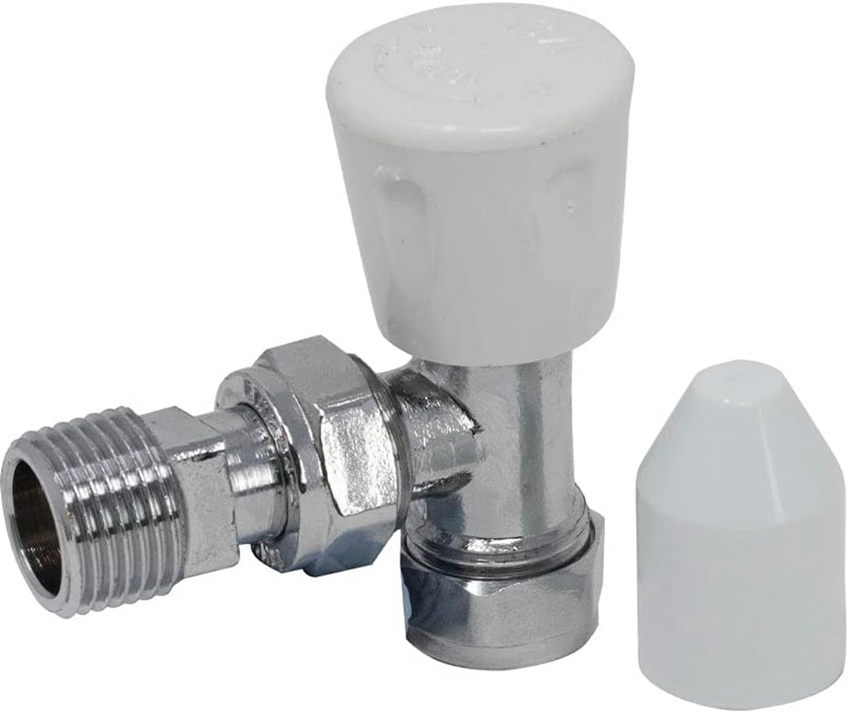 Schuine Radiatorklep 15 mm met Lockshield en Witte Wielkop - Chromen Afwerking