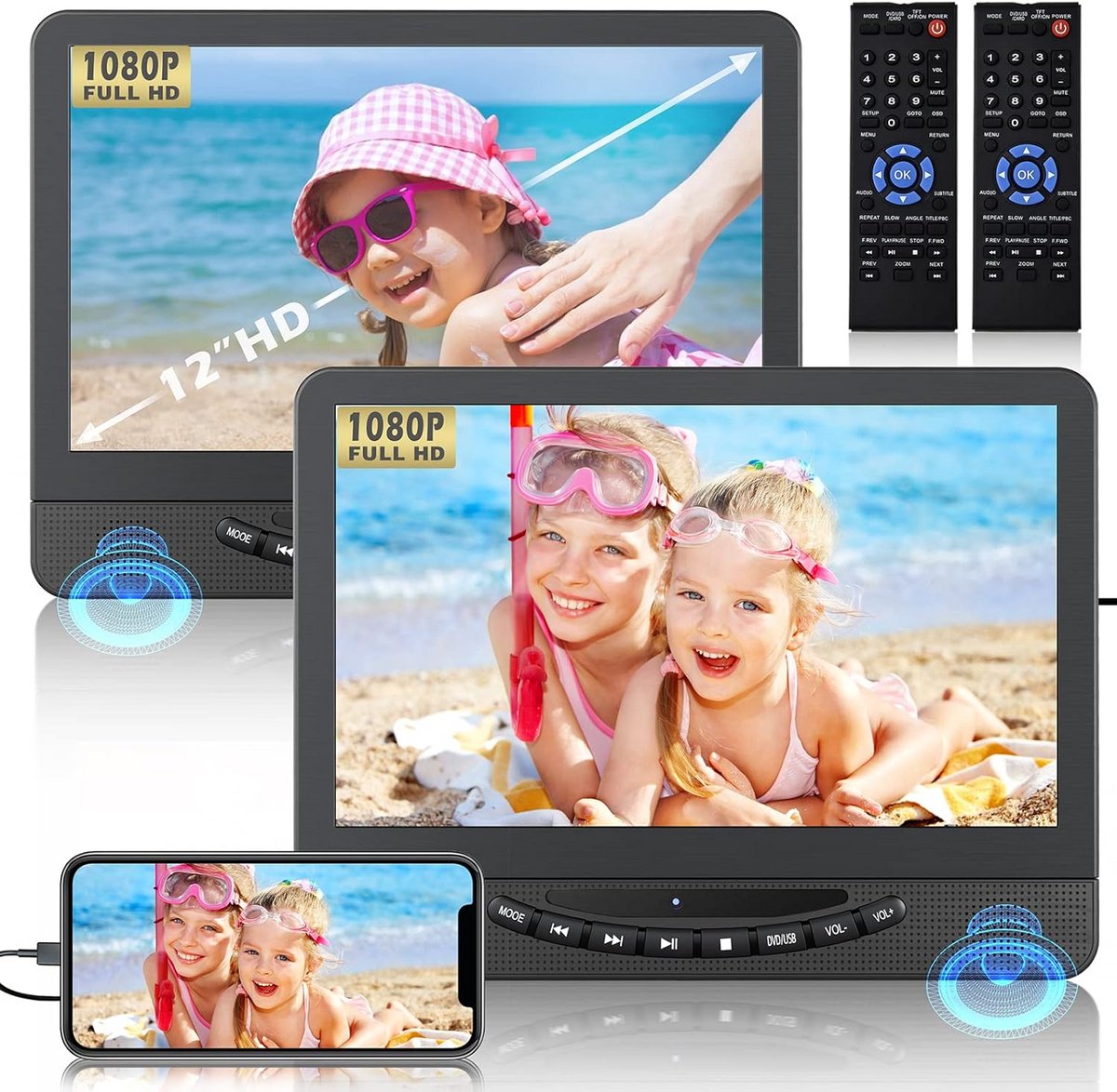 Dubbele 12 Inch Auto DVD Speler met 2 Schermen voor Hoofdsteun - HDMI 1080p