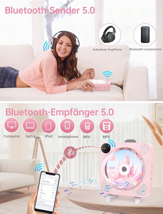 Draagbare cd-speler Oilsky Bluetooth-cd-speler met geïntegreerde hifi- luidsprekers, cd-speler voor kinderen met afstandsbediening, led-display, ondersteuning voor TF-kaart en AUX-in