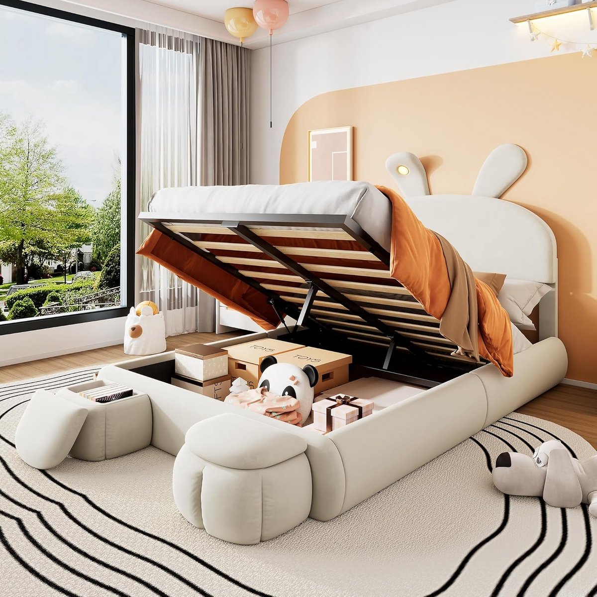 Tweepersoons gestoffeerd bed met opbergruimte en LED-verlichting, 140x200 cm, Beige