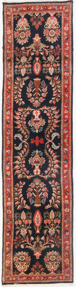 Handgeknoopte Perzische Sarough loper van wol – Donkerblauw met rood – Klassiek bloemmotief