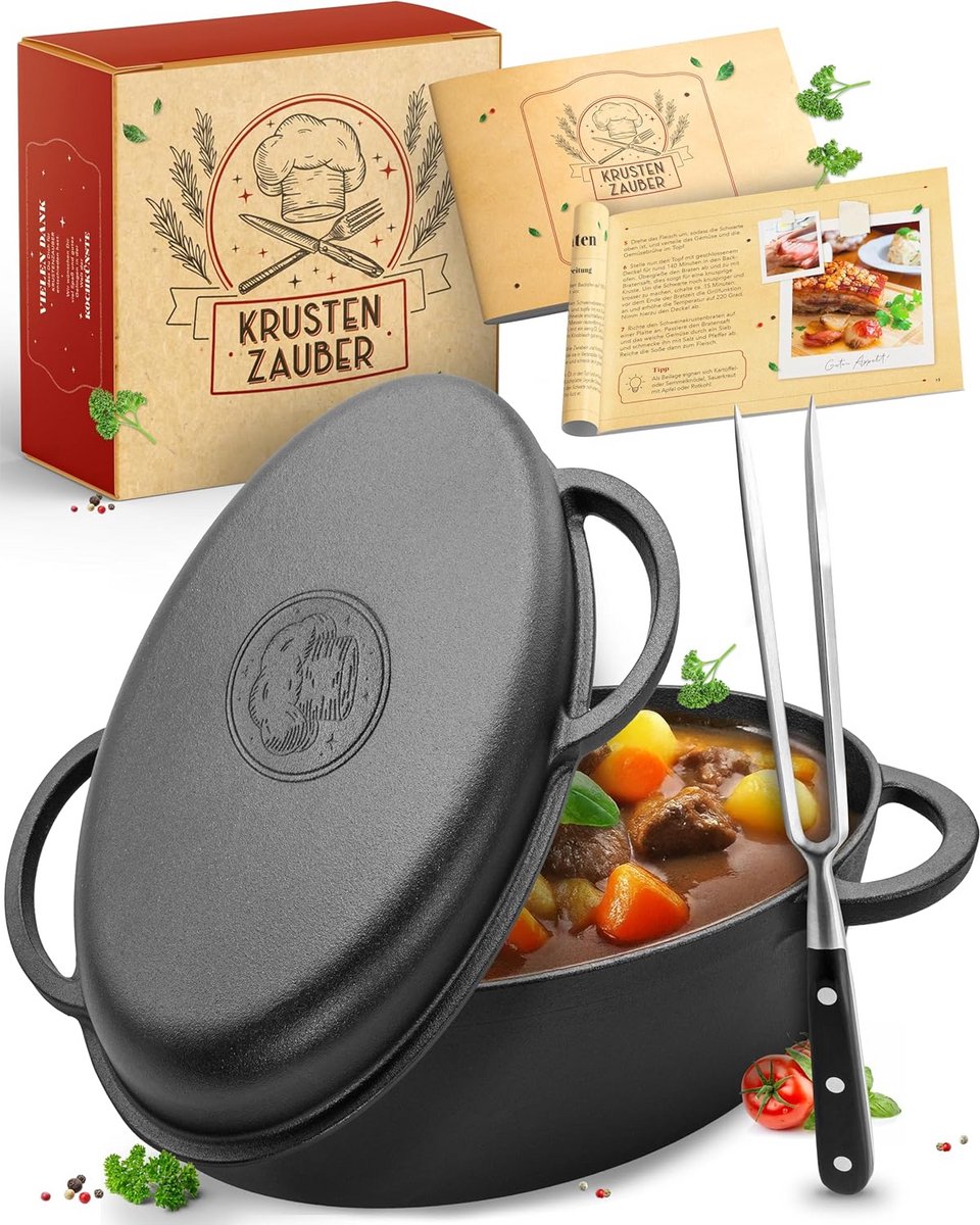 Ovenbestendige Gietijzeren Braadpan met Deksel 35 cm - Ideale XXL Stoofpan voor Inductie
