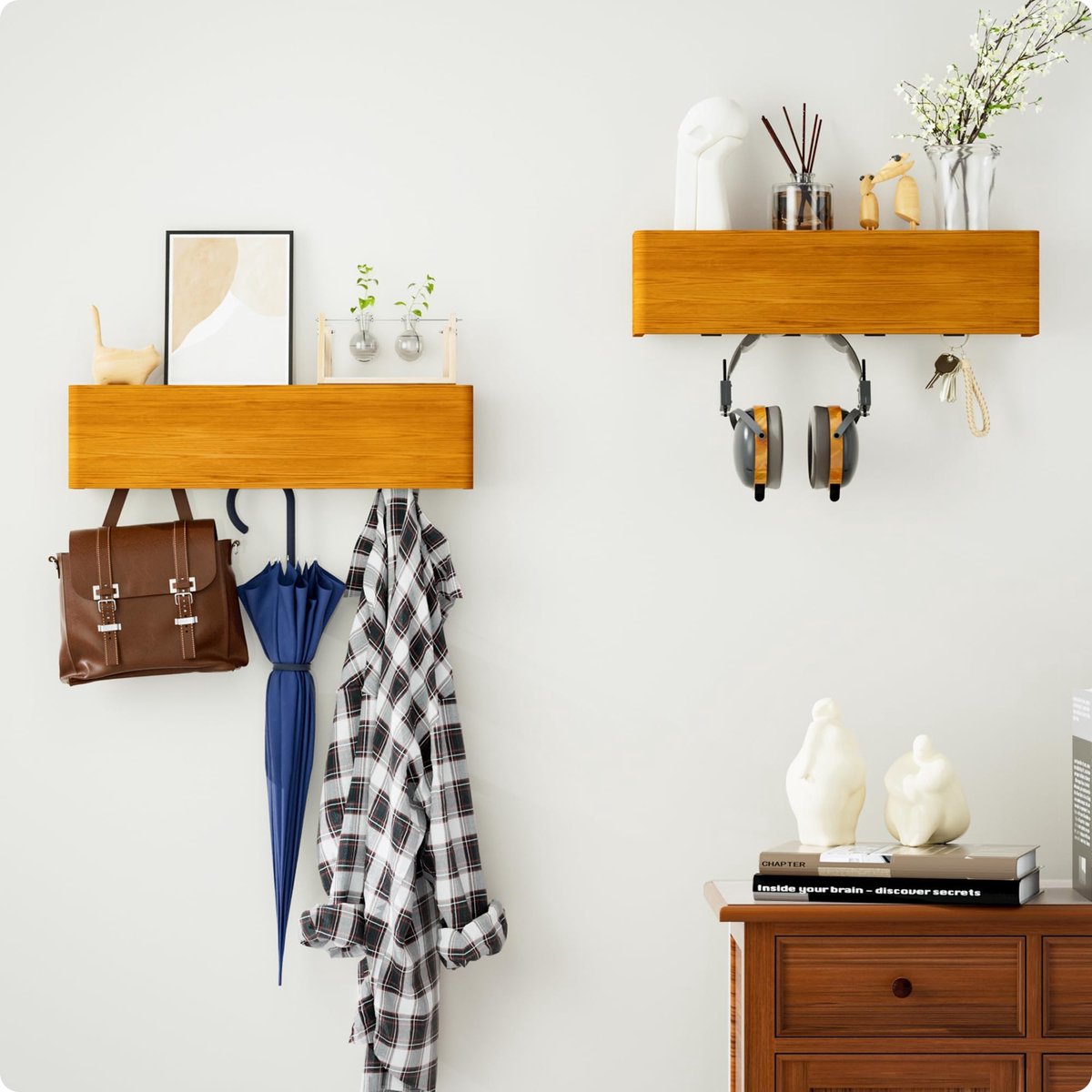 Unyqoos Ruimtebesparende wandgarderobe met plank en verborgen haken voor elke kamer bruin