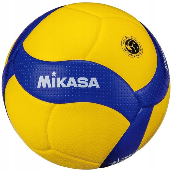 Gele en blauwe volleybal van Mikasa met "Japan Volleyball Association Approved" zegel.
