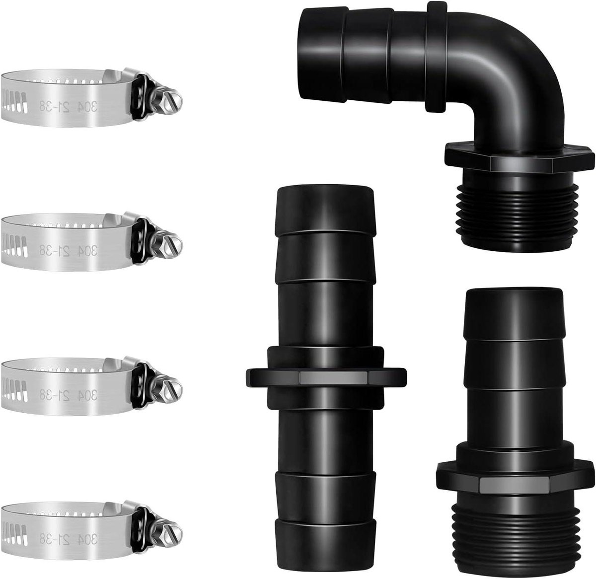CSGoods - Slangverbindingsstuk kit voor zwembad, fontein en tuin met 1 inch slangaansluiting, 90 graden hoek slangtule, slangaansluiting buitendraad en 4 slangklemmen.