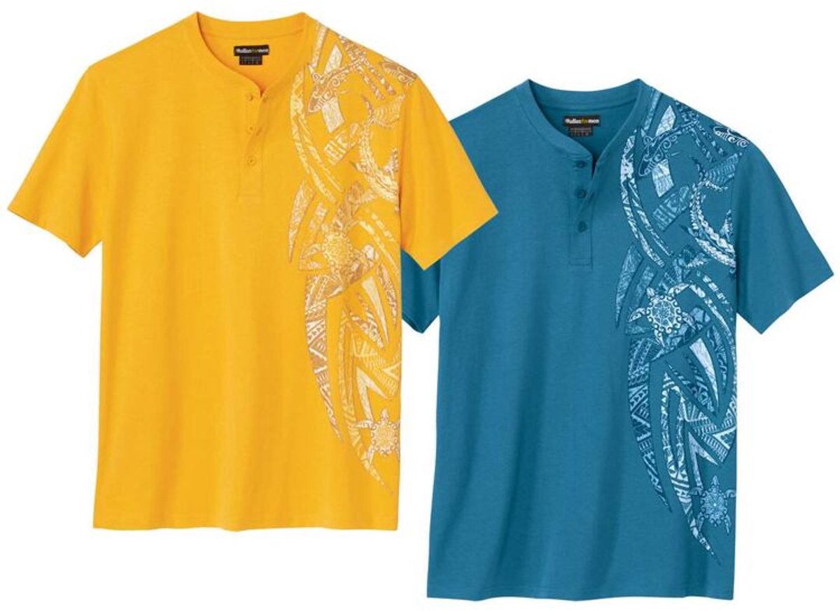ATLAS FOR MEN - Set van 2 T-shirts met Tunesische hals Maori - Heren - Verkrijgbaar in grote maten - XL