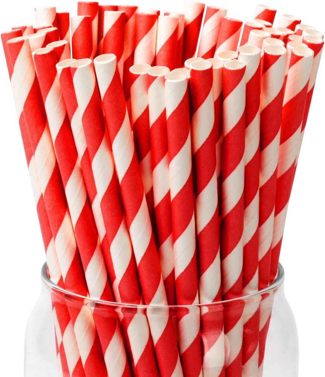 100 Papieren Rietjes Rood Gestreept - Composteerbaar & Wegwerpbaar voor Feestjes