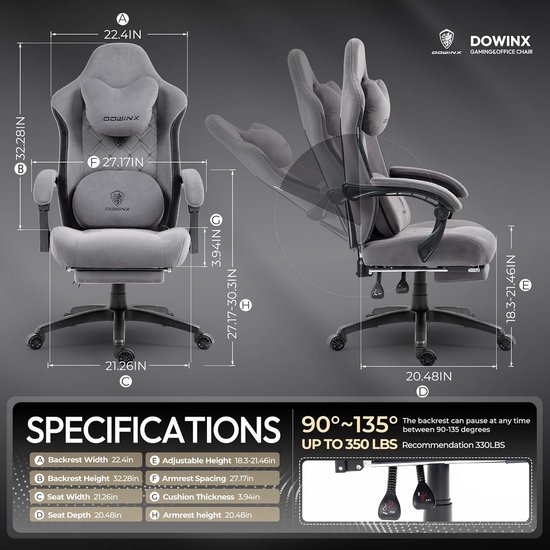 Ergonomische Gamingstoel Stof met Massagefunctie en Voetensteun, Grijs — afbeelding 5