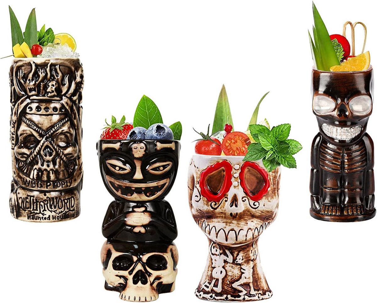 Set van 4 Keramische Tiki Mokken voor Tropische Cocktails - Hawaii Partyservies