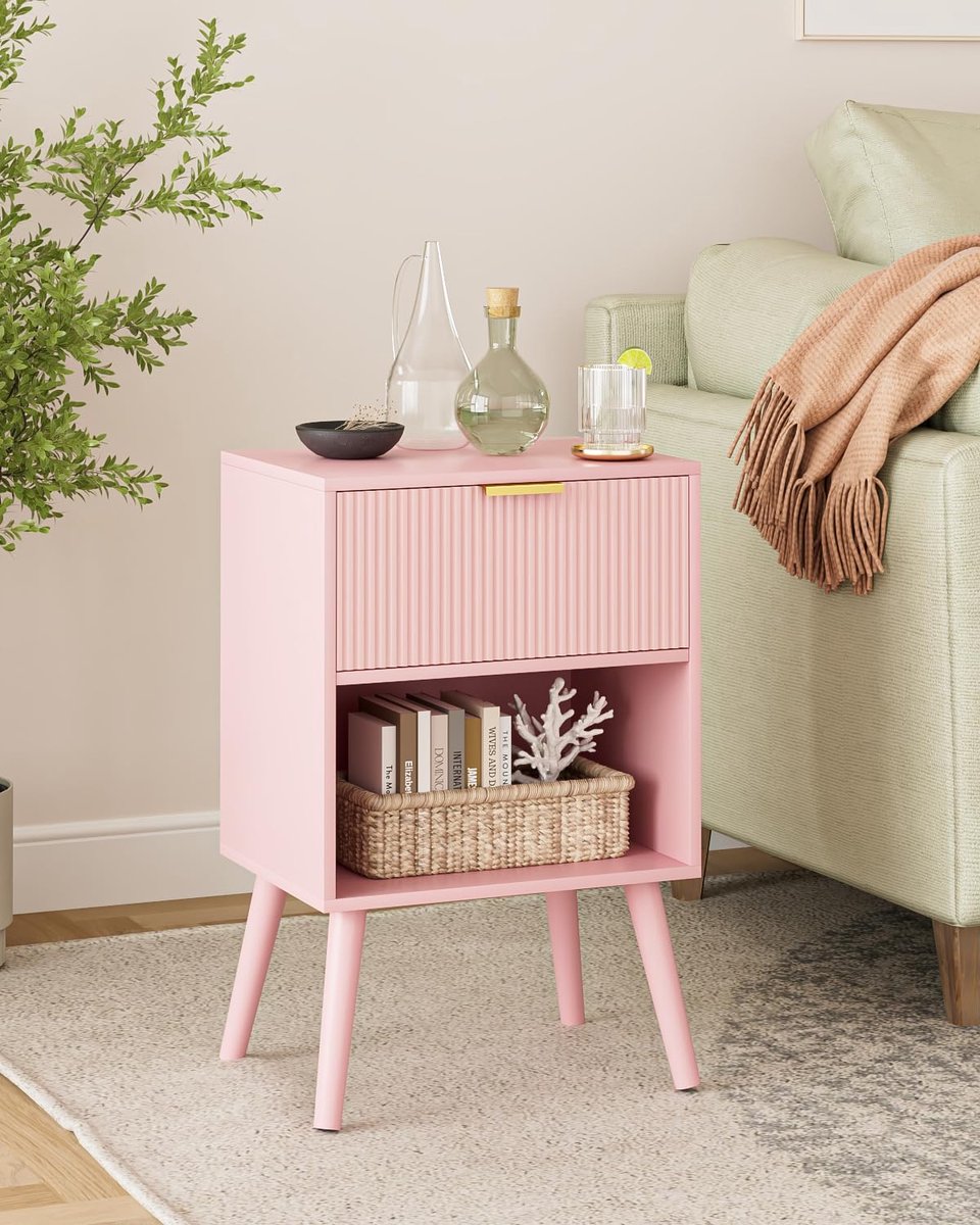 Unyqoos Stijlvolle houten nachtkast met lade en open vak voor extra opbergruimte Roze