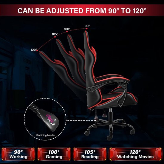 Ergonomische Gamingstoel Rood/Zwart - In Hoogte Verstelbaar met 360° Draaibare Zitting — afbeelding 2