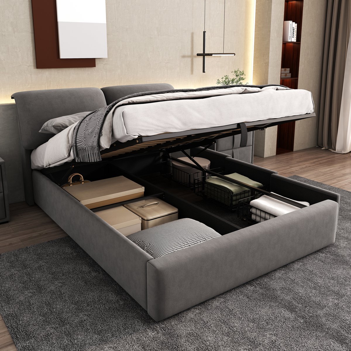 OKWISH Gestoffeerd Bed 140x200 cm - Hydraulisch Opbergbed - 3 Laden - Met Verstelbaar Hoofdeinde en Lattenbodem - Fluweel - Grijs - Zonder matras