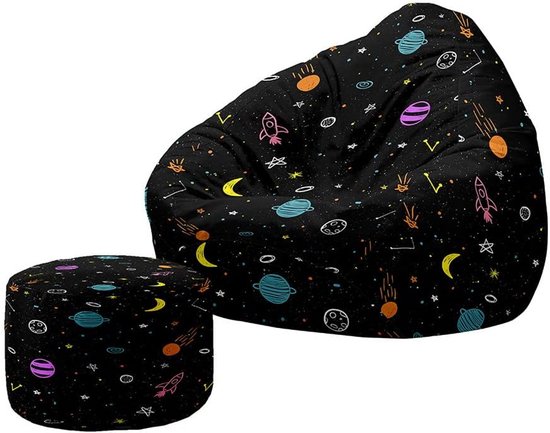Zitzak volwassene met voetenbank zonder vulling, opbergzak voor kinderen en volwassenen, zitzak opbergzak voor woonkamer, slaapkamer (100x120+20x30 cm, Sterrennacht 1)