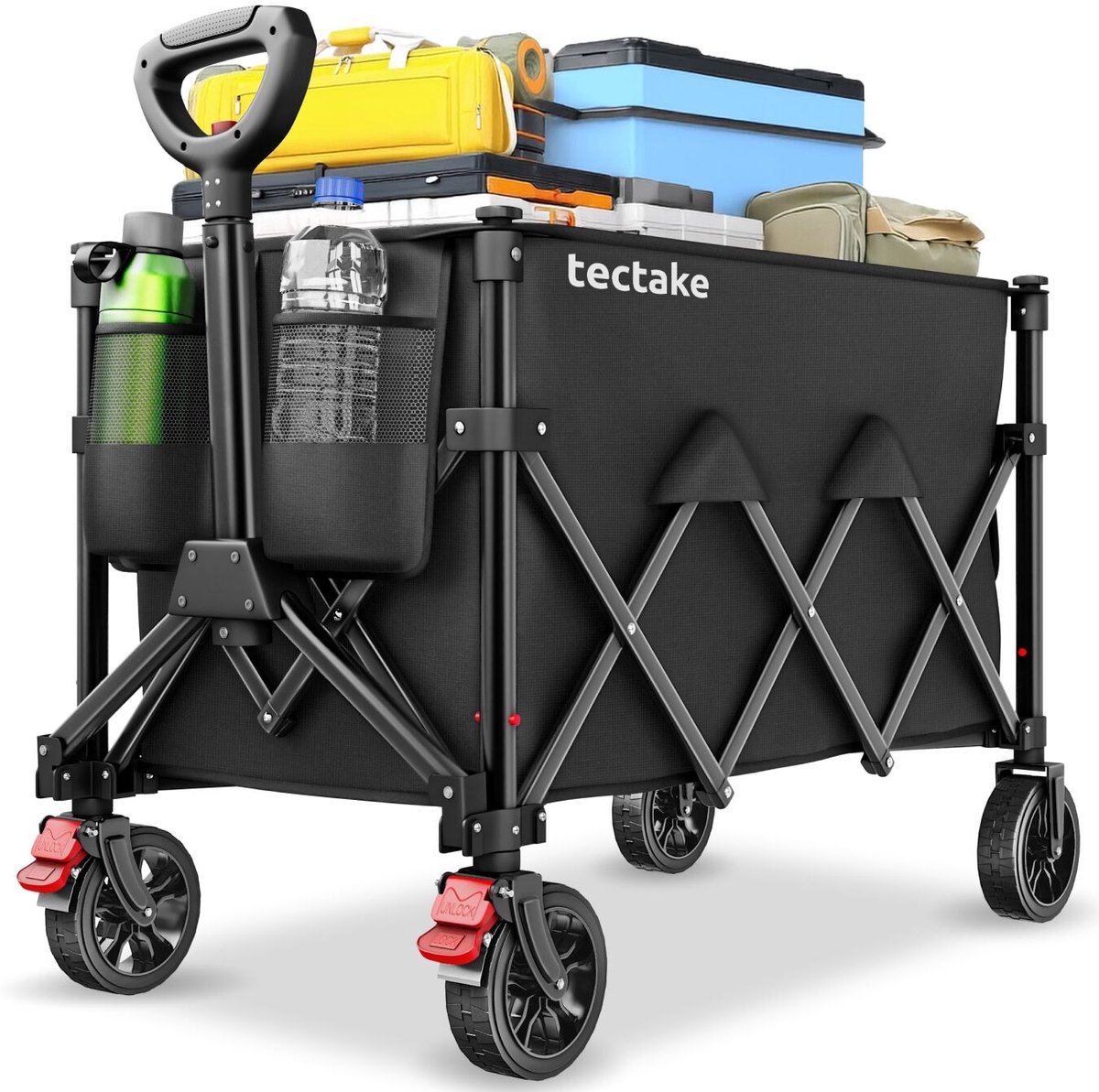 tectake® Bolderkar - Opvouwbaar - 100 kg Draagkracht - Draaibare Massieve wielen met Rem - 51 x 95 x 89 cm - Bolderkarren - XXL Bolderwagen - Met Verstelbare Duwstang - Handkar - Waterafstotende Transportwagen - Met Legplank en Binnenvak