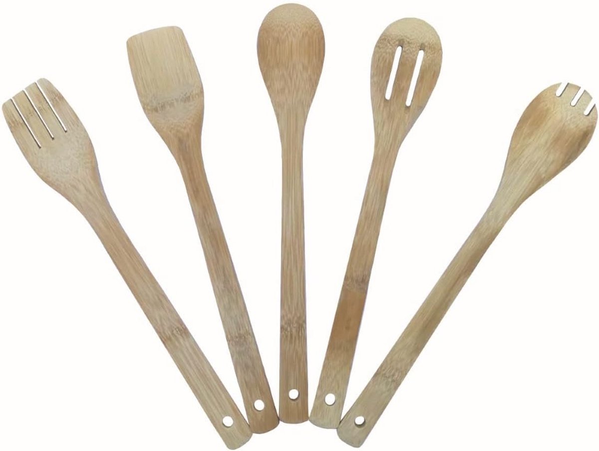 Set van 5 Bamboe Kooklepels en Schepjes - Robuust en Elegante Houten Keukengerei