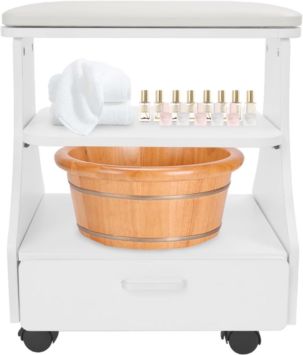 Pedicure Trolley met Zitkussen en 3 Lades - Mobiele Nagelwagen voor Salon