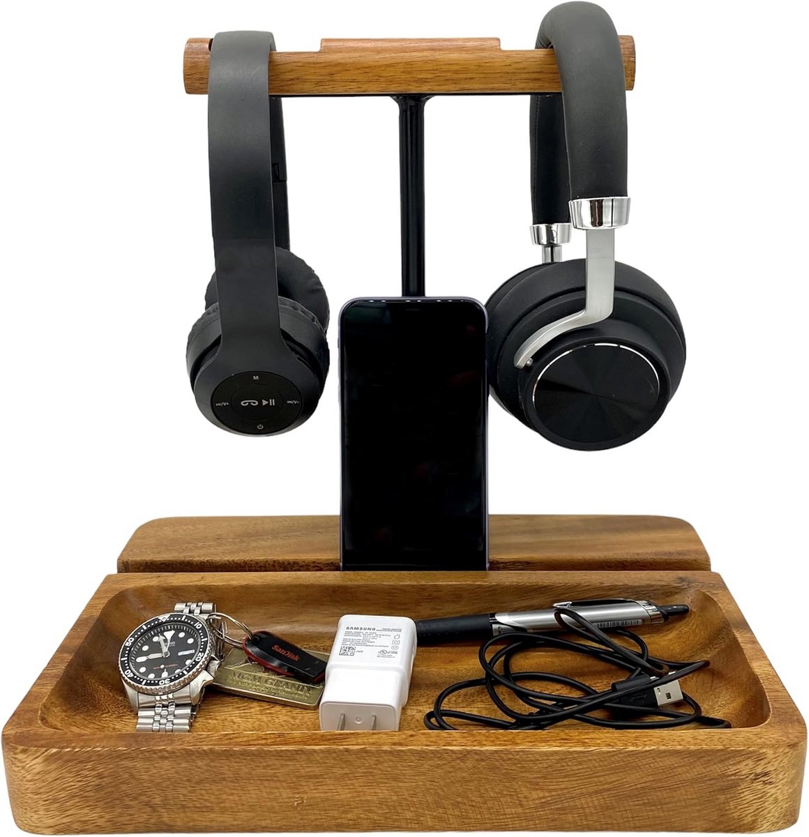 Hoofdtelefoonstandaard Dubbel - Headset Hanger - Bureau Organisatie - Met Opvangbak - 30x20x29 cm - Houtkleur