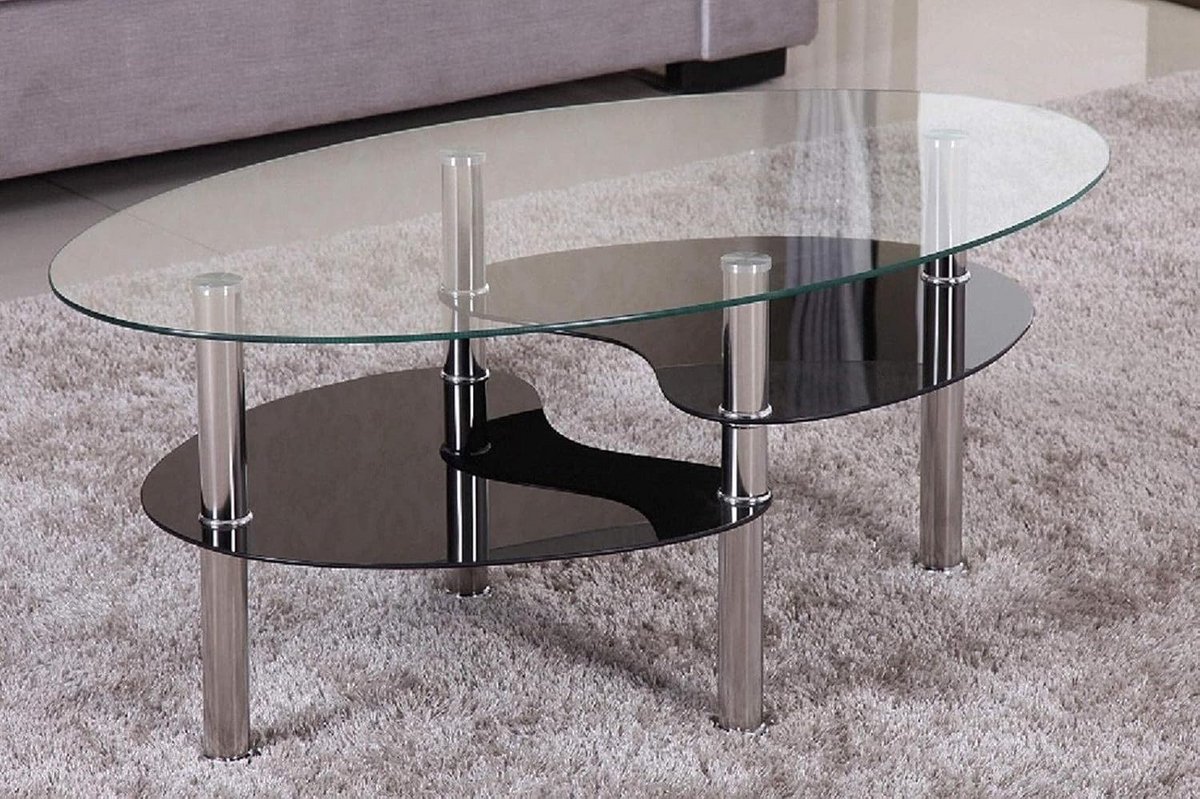 Salontafel Glas met Facetrand 98x58x42 cm - Rechthoekige Bijzettafel Woonkamer met Chromen Frame