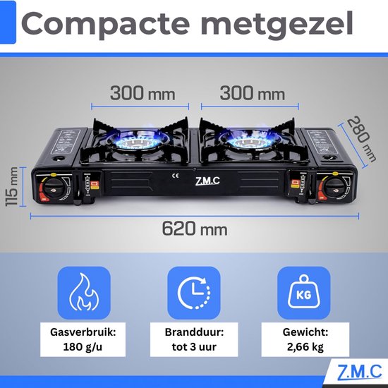 ZMC Campinggasfornuis 2-pits 2,5 kW incl. adapter voor LPG-aansluiting + opbergkoffer Campingfornuis met gaspatronen, met piëzo-ontsteking, voor gebruik binnen en buiten - Gasfornuis met 4 gaspatronen van Z.M.C — afbeelding 4