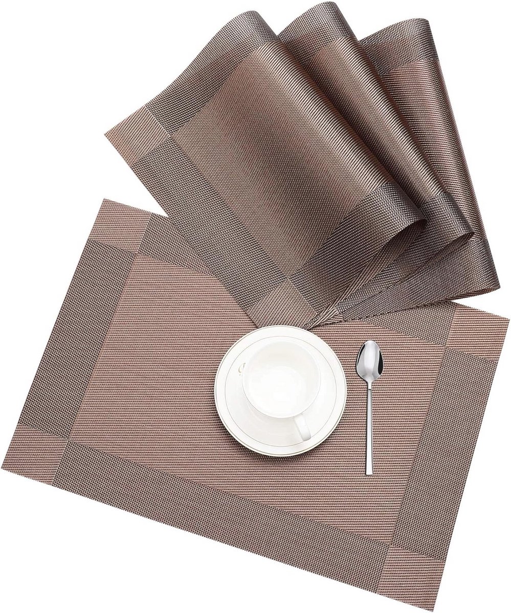 Set van 4 Placemats Antislip PVC Hittebestendig voor Eettafel Bruin/Zilver
