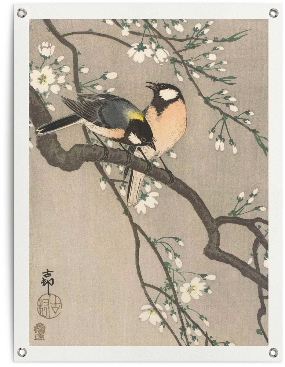 Tuinposter Ohara Koson - Koolmezen op bloesemtak - 80 x 60 - Canvas - REINDERS
