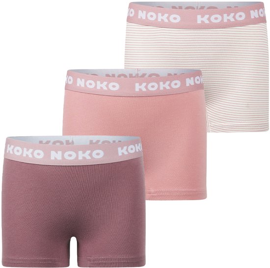 Drie Koko Noko meisjes boxershorts, in roze, oudroze en met streepjes.