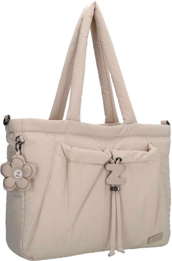 Crèmekleurige laptoptas van Zebra Trends met een bloemvormige hanger en een Z-hanger.