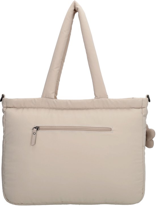 Achterkant van de crèmekleurige laptoptas met een ritsvak.