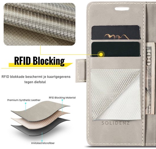 Beige telefoonhoesje in boekstijl, met lagen van synthetisch leer en RFID-blokkering.