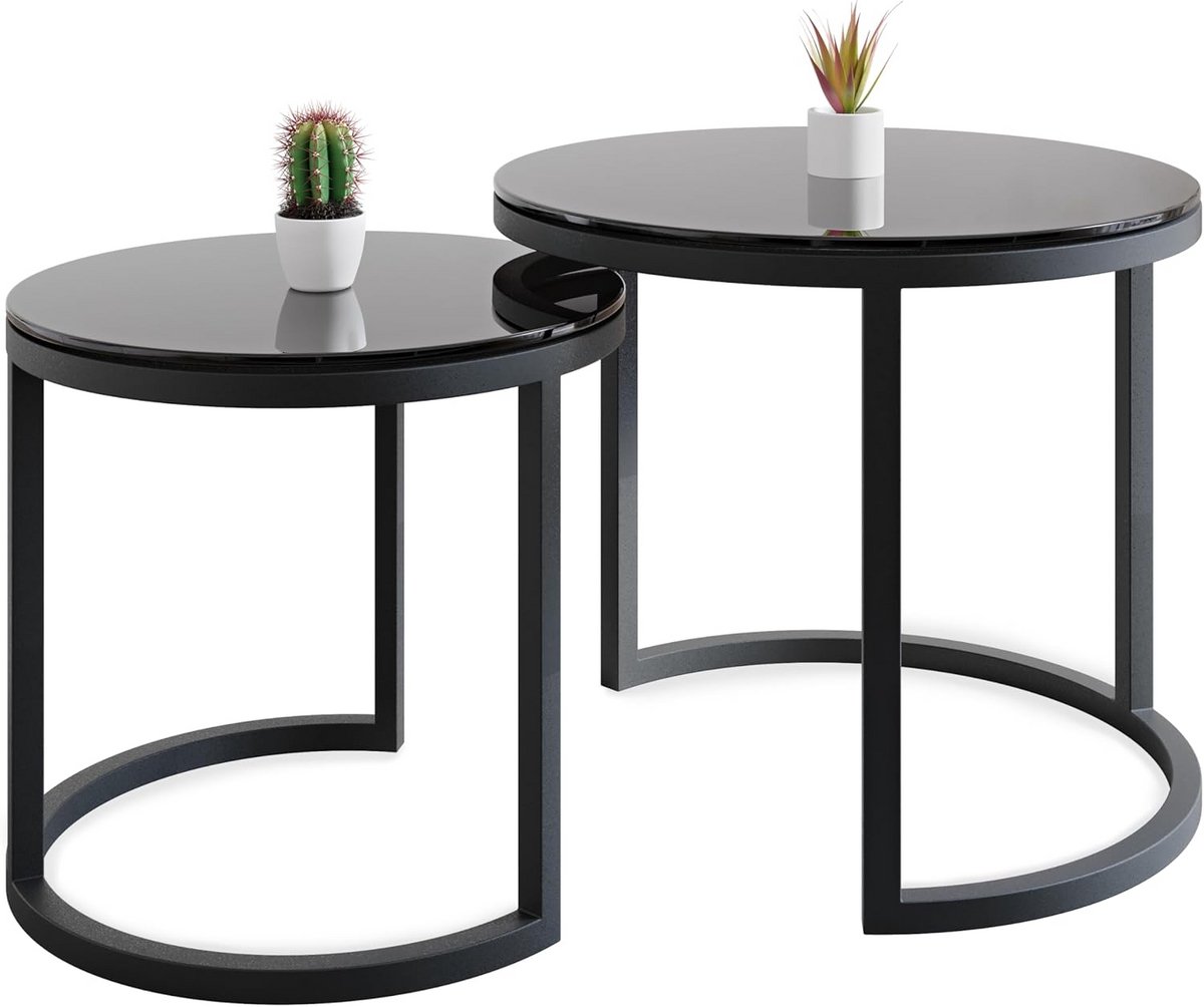 Set van 2 Ronde Salontafels met Gouden Onderstel - Glas en Staal - Handgemaakt