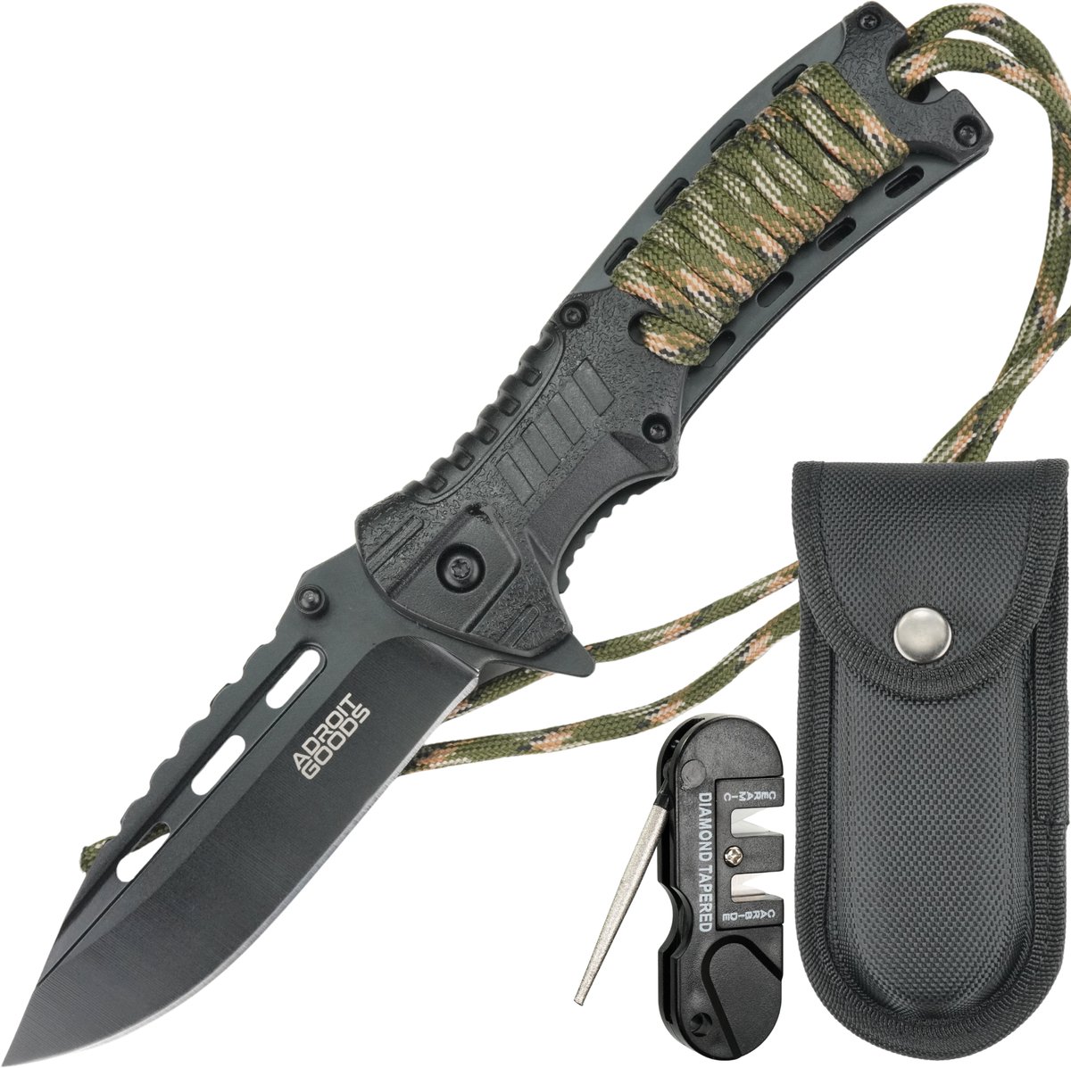 Cover van AdroitGoods Tactisch zakmes met paracordhandvat – incl. hoes en slijptool - Opvouwbaar outdoor-mes met 3Cr13 staal, 19 cm totaalformaat, 9 cm lemmet, 3.5 mm dikte, 58 HRC hardheid - Ideaal voor kamperen, bushcraft en outdoor