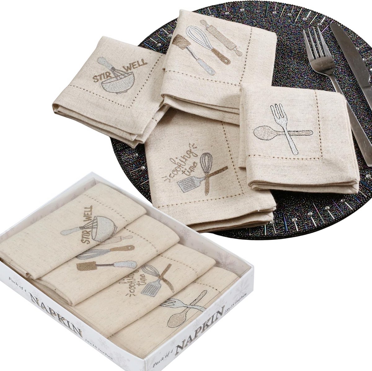 Linnenlook Katoenen Servetten 46x46 cm - 4 Stuks - Diner Servetten met Bestek Borduur