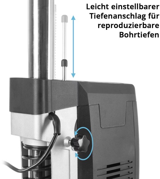 Licht instelbare diepteaanslag voor reproduceerbare boordiepten op een boormachine.