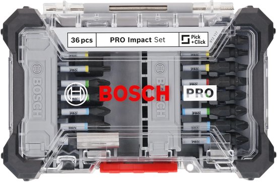 Boîte transparente fermée de 36 embouts PRO Impact Bosch avec des bords noirs.