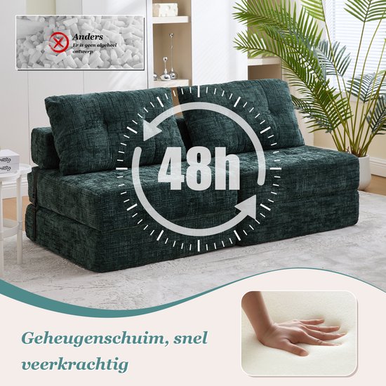 Smaragdgroene chenillestof futon met een 48 uur symbool en een hand die schuim indrukt.