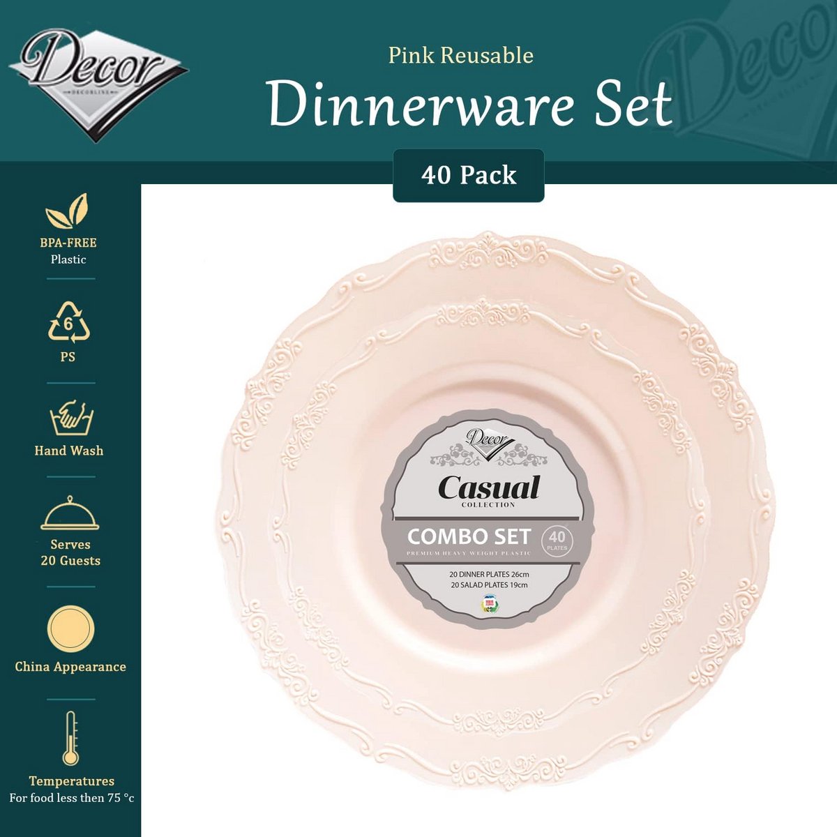 Elegante Herbruikbare Bordenset Roze 40-Delig - Vintage Servies voor Elk Feest