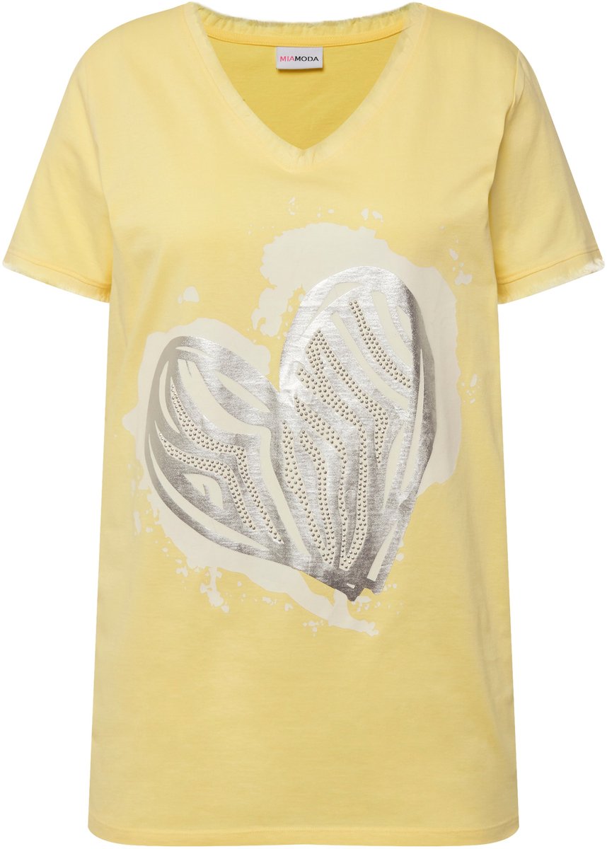 MIAMODA - Dames - T-shirt hart-print franjes korte mouwen - Sorbet geel - Maat 46