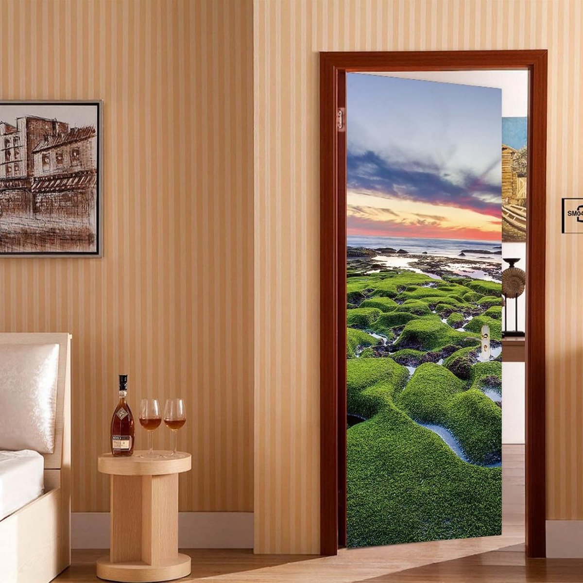 Zelfklevende 3D Deurposter Zonsondergang, Zeegezicht met Rotsen en Mos - Waterdichte Binne