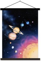 Posterhanger incl. Poster 90x120 cm - Schoolplaat - Illustratie van het zonnestelsel - Textielposter - Zwarte latten