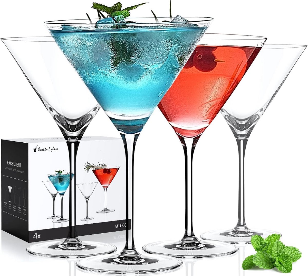 Elegant Grote Martini Glazen Set van 4 – Handgeblazen Kristal voor Cocktails