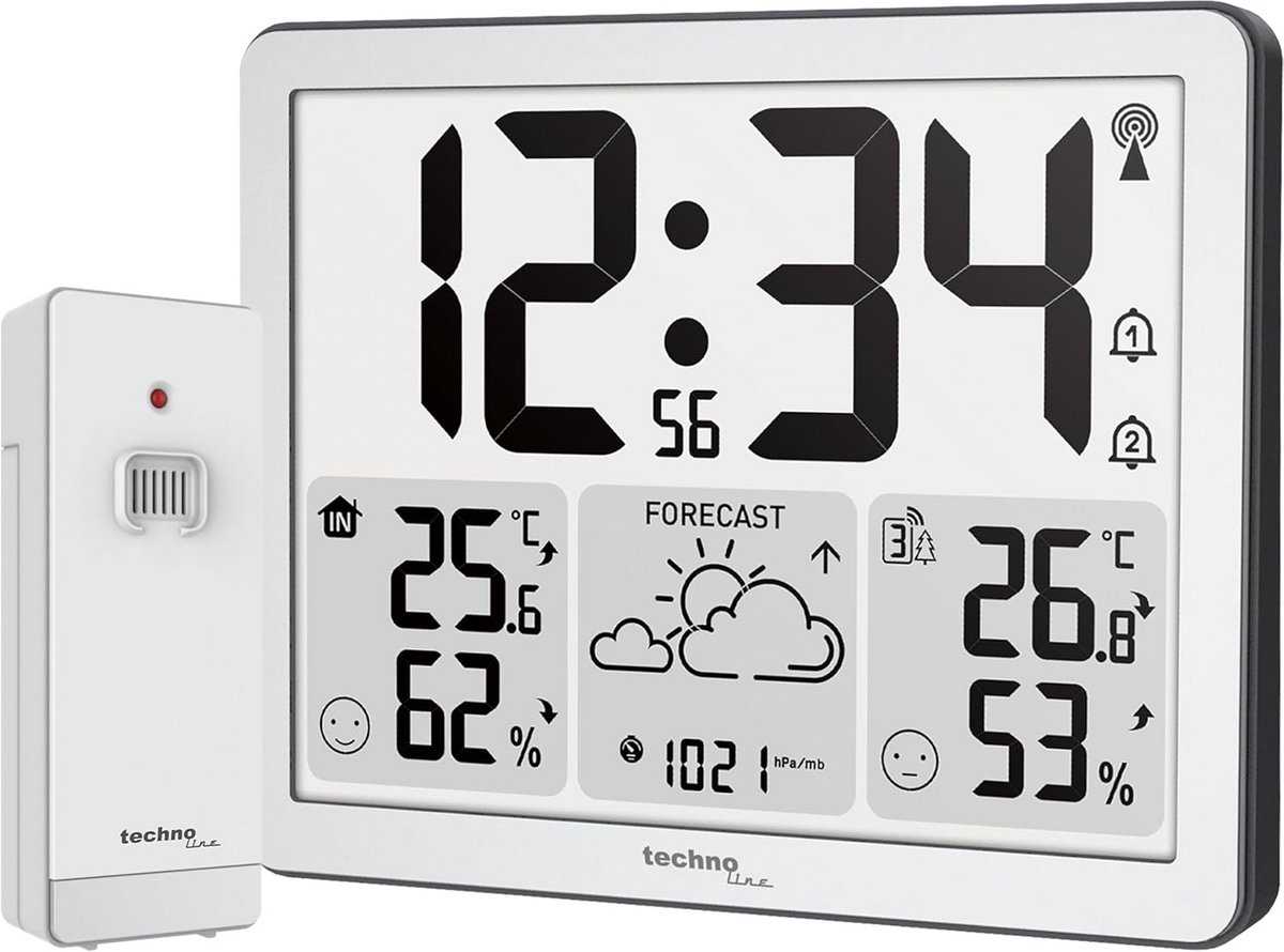Radiogestuurde klok en weerstation met binnen- en buitentemperatuur, luchtvochtigheid en luchtdruk