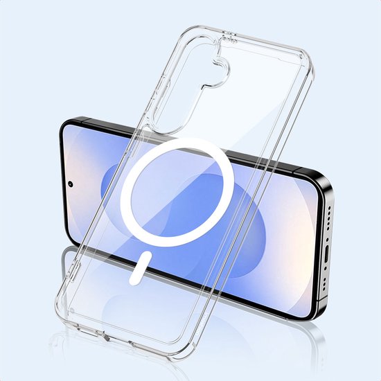 Transparante hoes met magnetische ring voor mobiel, toont de telefoon eronder.