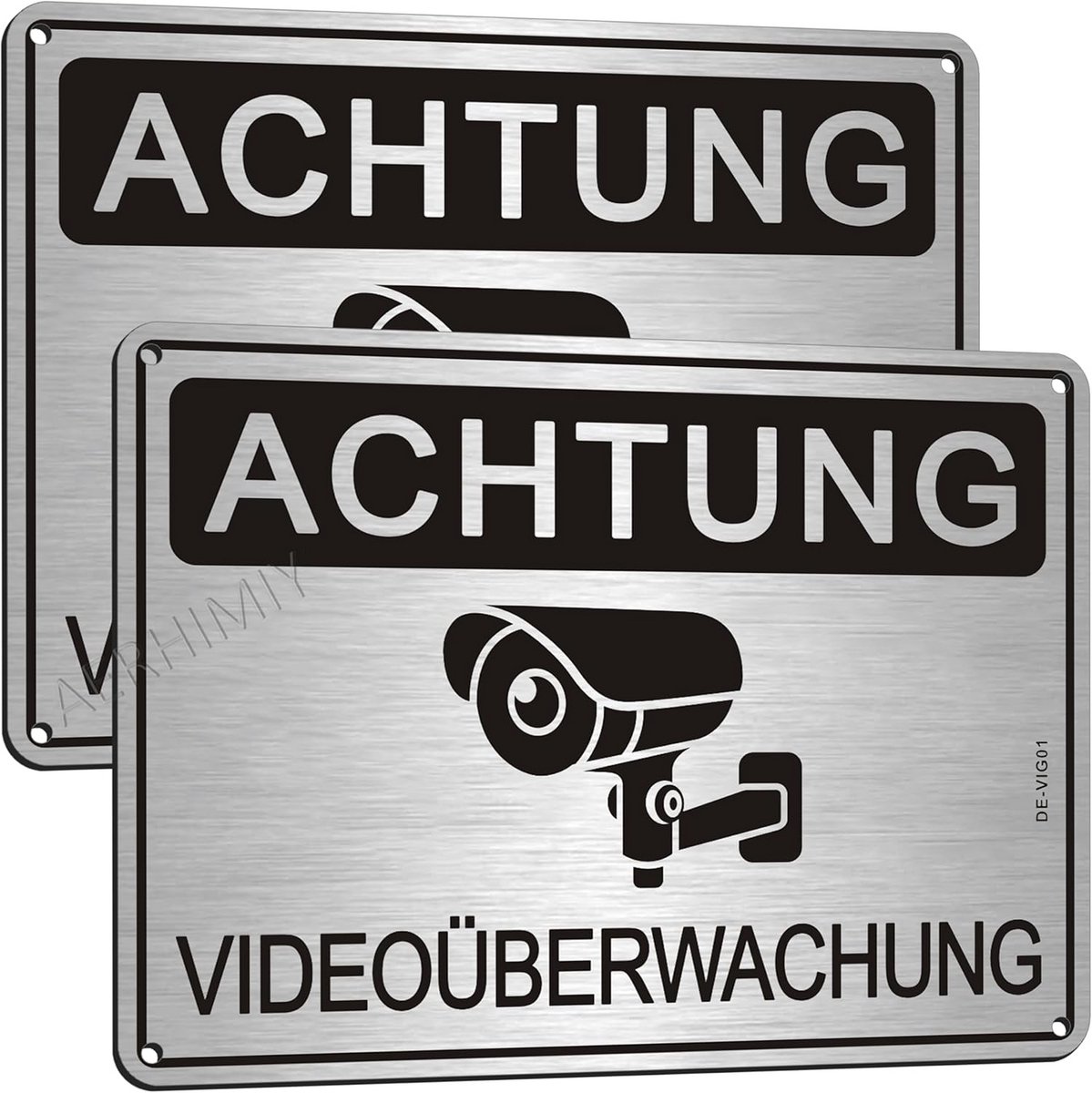 2 stuks veiligheidsbord videobewaking van geborsteld aluminium 20x15 cm