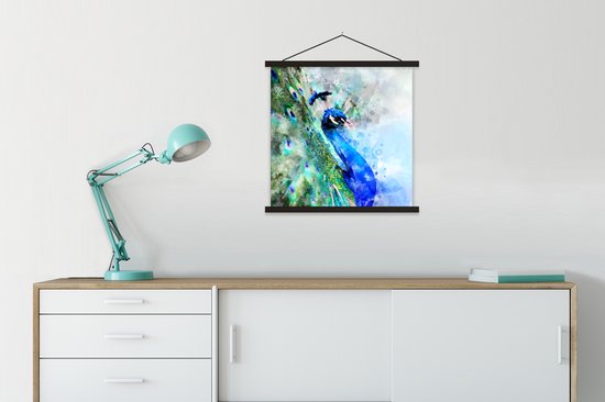 Porte-affiche avec affiche - Affiche scolaire - Aquarelle - Paon - Blauw - 60x60 cm - Lattes noires